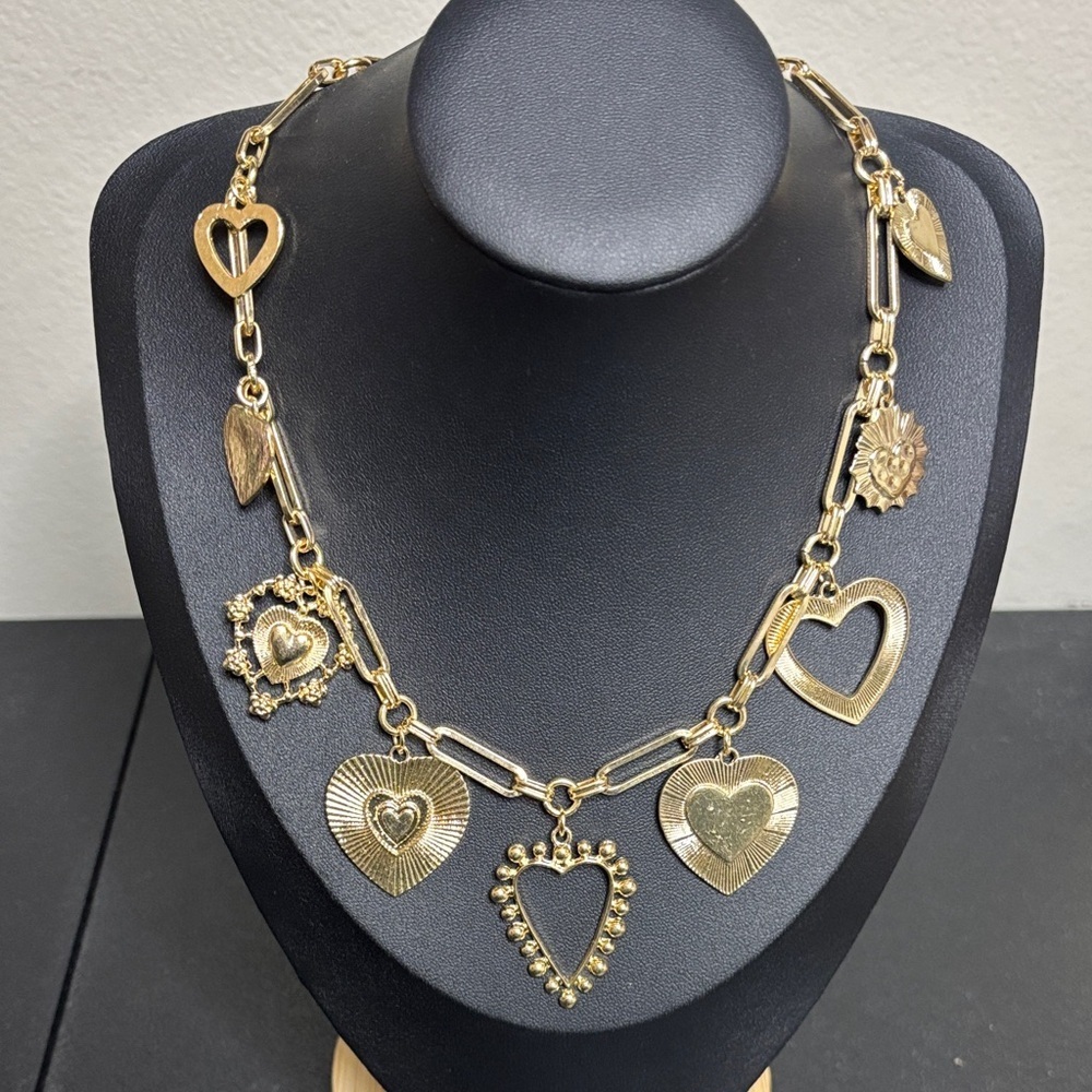 Gold Tone Romantic Heart Charm Chain Statement Necklace
